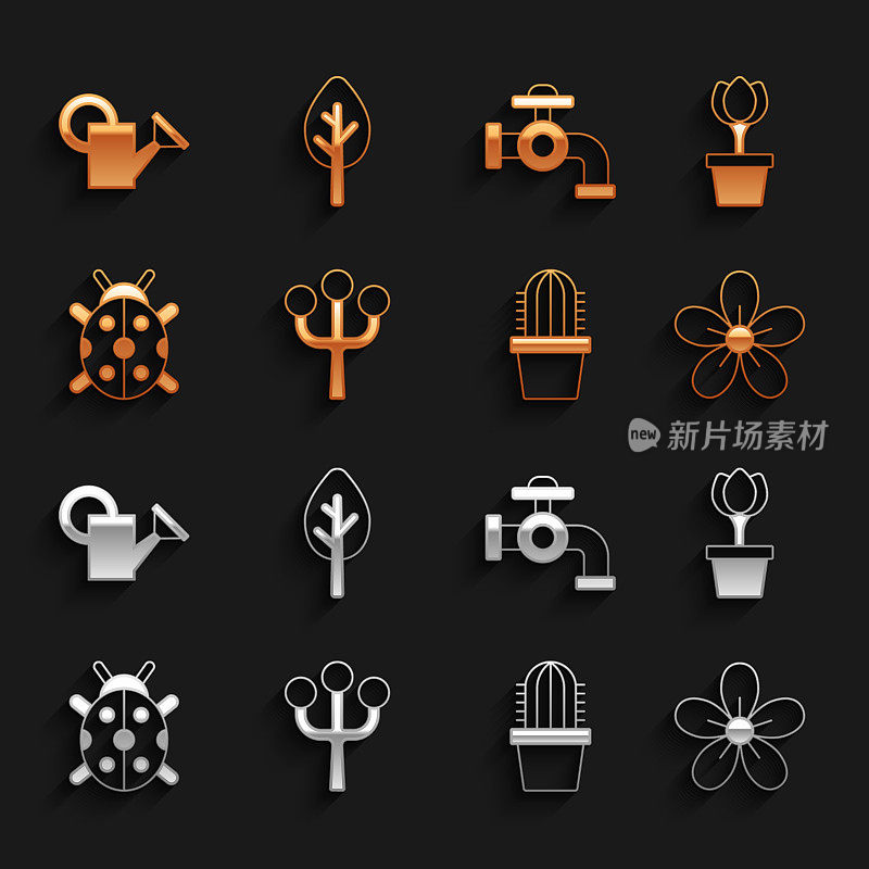 Set Blossom tree branch, Flower tulip in pot, Cactus peyote, Ladybug, Water tap, watercan and Forest icon。向量